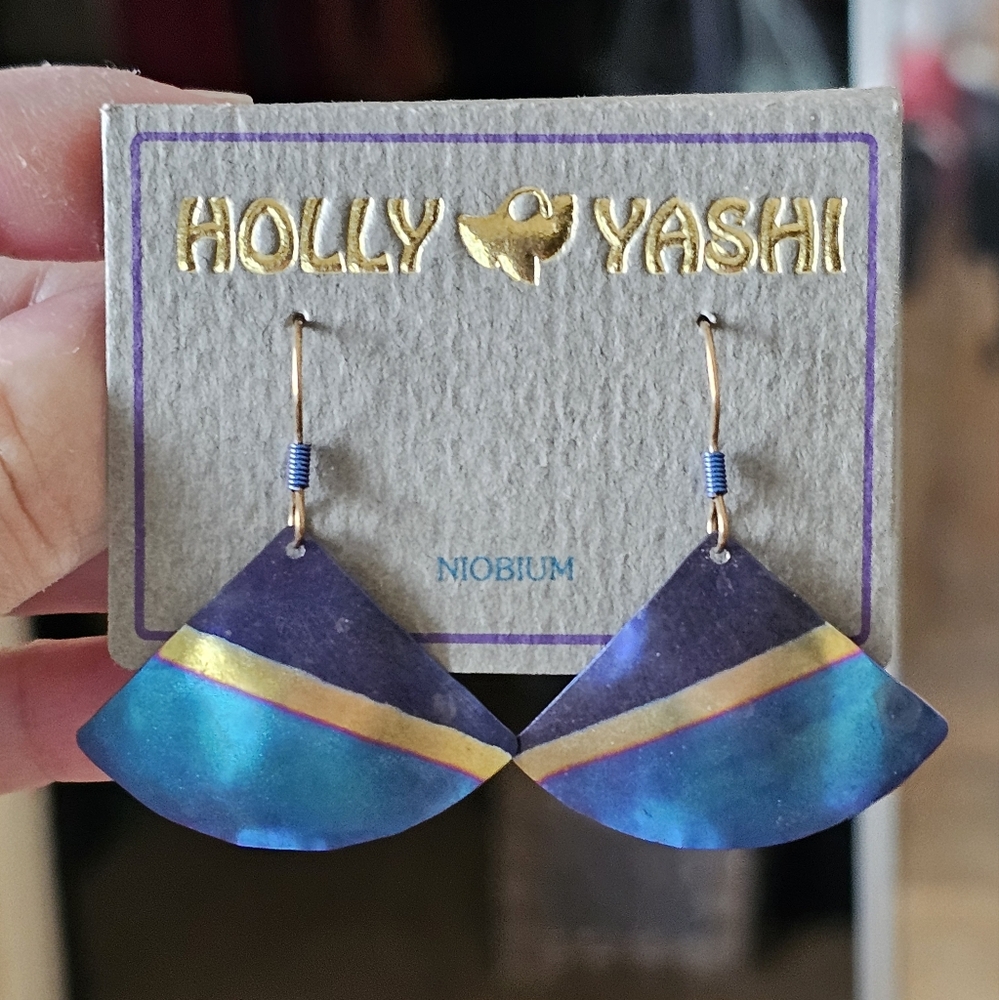 NWT Holly Yashi Hammered Niobium Blue, Purple,  and Gold Dangle Earrings